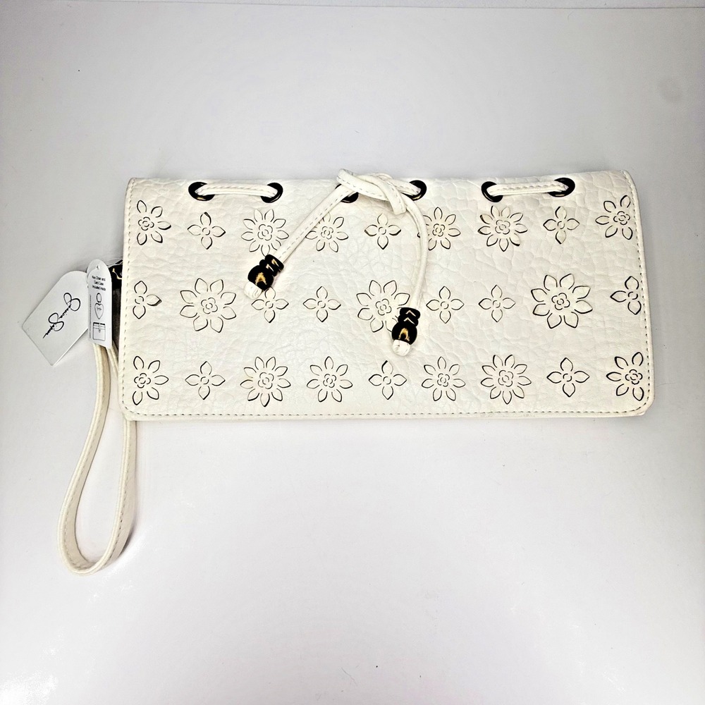 Jessica Simpson Clutch Purse Handbag White Floral With Key Chain/Card Holder New